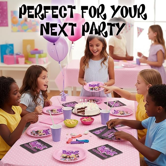Silver Buffalo Bratz Dolls Featuring Yasmin, Sasha, Jade, and Cloe 32 Pack Partyware Disposable Paper Plates and Napkins