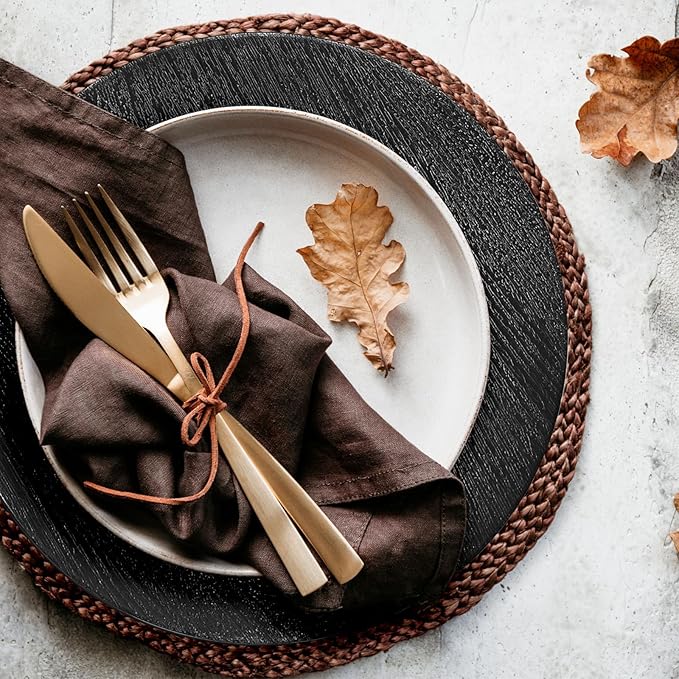 13" Black Faux Wood Charger Plates, Round Rustic Charger for Dinner Plates, Table Chargers Plate Bulk for Parties, Family Dinners, 6Pcs