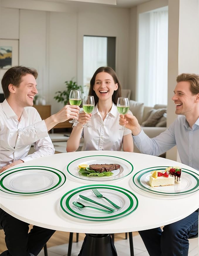 WDF 12 Inch Green Charger Plates - Charger Plates Bulk - 25Pack Plastic Clear and Green Charge Plate Perfect for Dinner/Wedding/Party/St. Patrick's Day/Easter