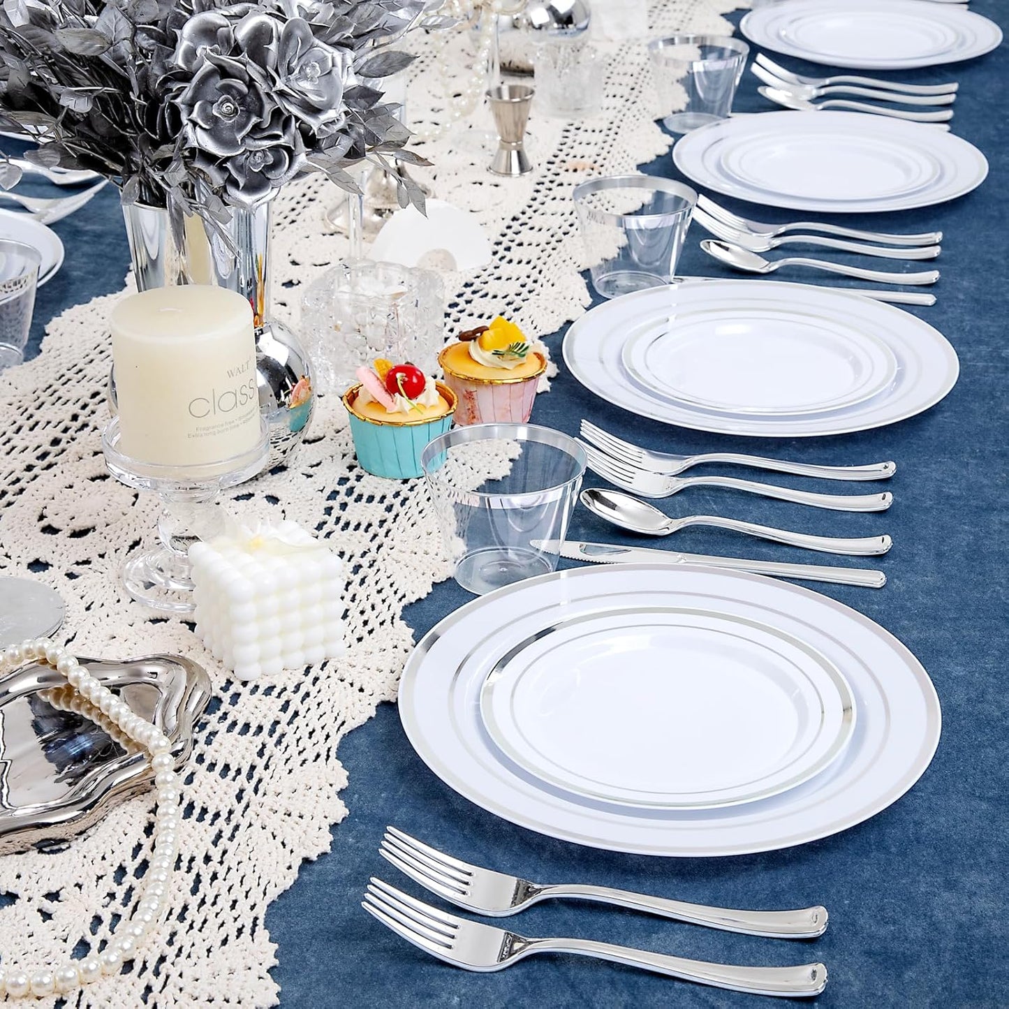 WELLIFE 450 PCS Silver Disposable Dinnerware Set for 75 Guests, Wedding Plates Silver Plastic Plates for Party, Including 75 Dinner Salad Plates, Cups, Forks Knives Spoons for Wedding and Party