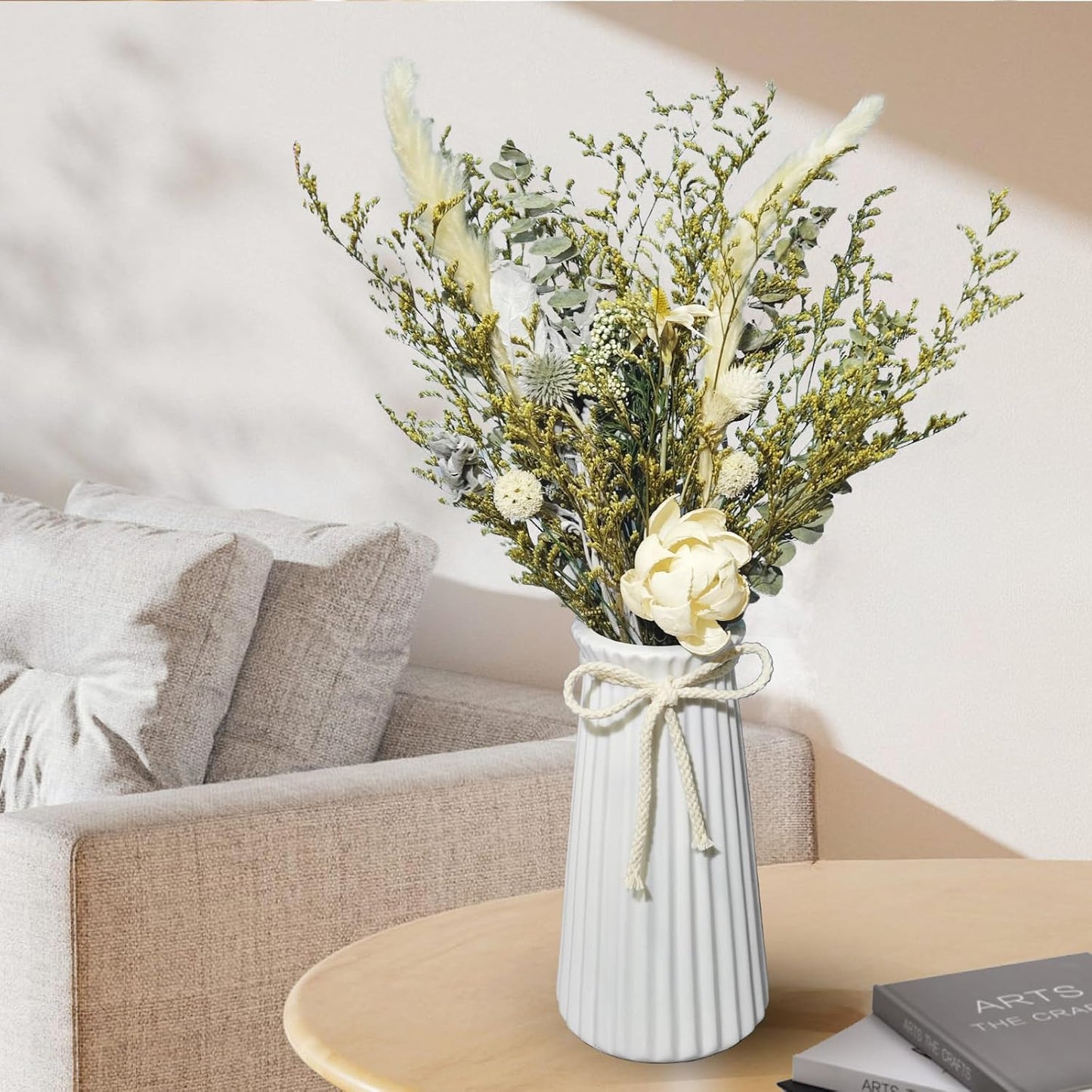 White Ceramic Flower Vase, 8'' Modern Minimalist Decorative Vases for Bouquet, Boho Vases for Pampas Grass Home Office Farmhouse Decor Bedroom Living Room Wedding Table Decorations