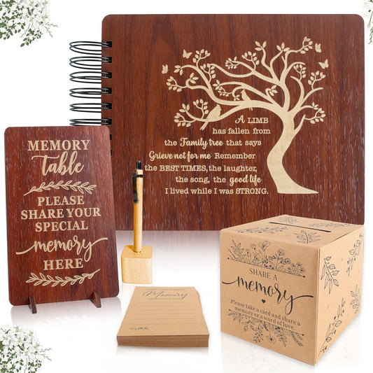 PREKIAR Funeral Guest Book Set Wooden Guest Books for Memorial Service Celebration of Life in Loving Memory with 50pcs Share a Memory Card Cards Box Table Sign and Pen (Brown- Guest Book Set #2)