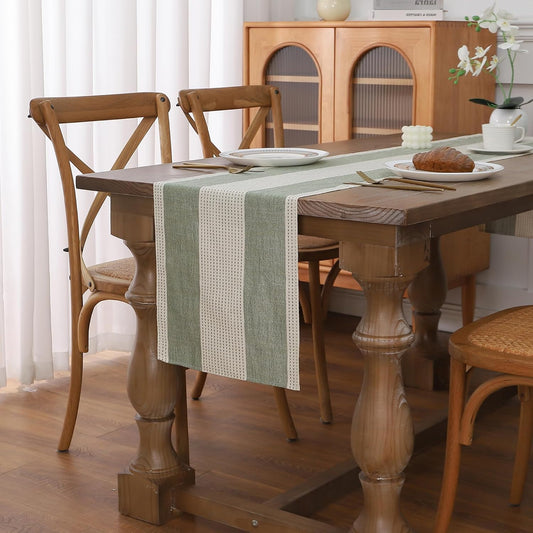 Gernaice Boho Table Runner, Rustic Striped Cotton Linen Farmhouse Table Runners for Holiday Wedding Dining Living Room Bedroom Home Decor, 90" L X 13" W Sage Green