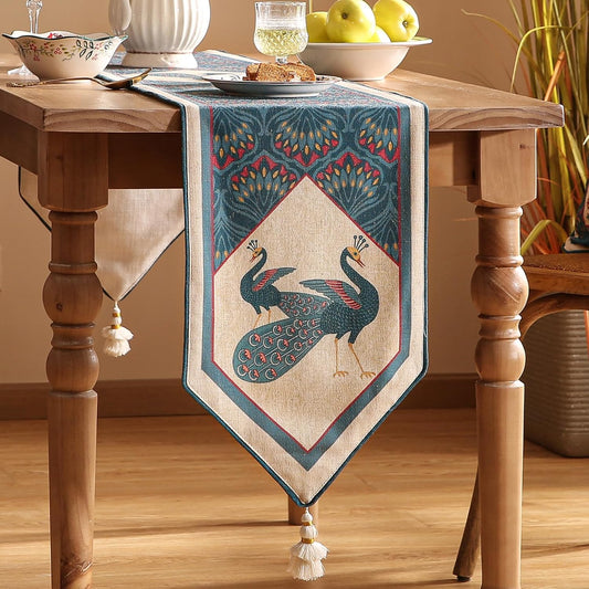 bilingaier Vintage Blue Peacock Small Table Runner for Table,Decorative Linen 102 Inches Long Table Runners,Decor Tabletop for Kitchen,Dining,Tea Party,Home,Christmas,12"*102"