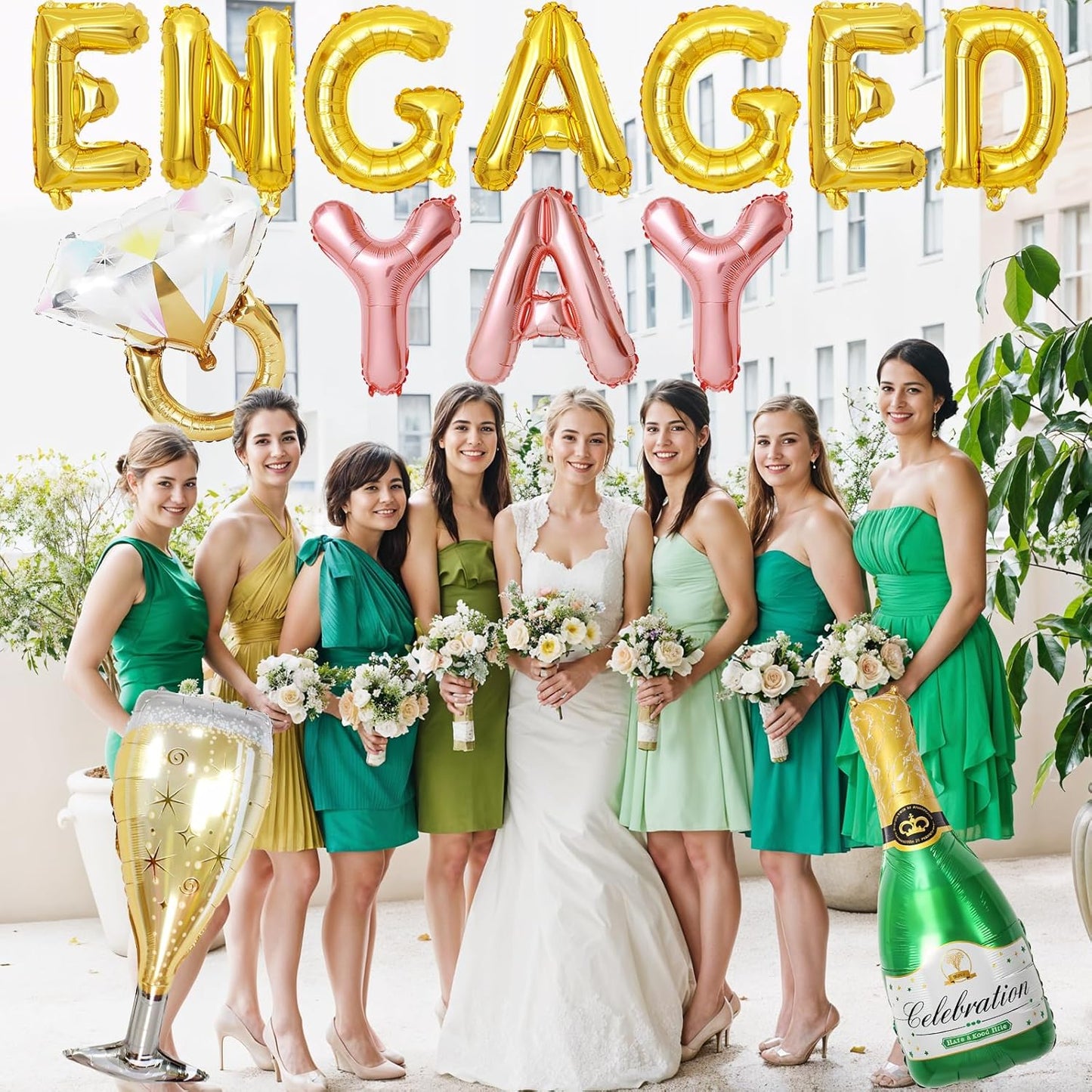 Gold Engagement Party Decorations, Engaged Yay Balloons Letters Banner, Diamond Ring Green Champagne Bottle Balloon Glass Foil Balloon for Bachelorette Engagement Wedding Bridal Shower Party Supplies