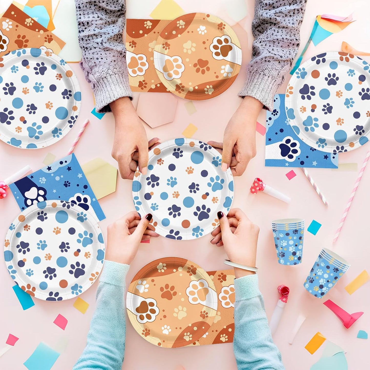 168Pcs Blue Orange Dog Birthday Party Supplies for Boys Girls Kids 1st 2nd Cartoon Puppy Babyshower Party Decorations Paw Paper Plates Napkins Cups Forks Knives and Straws Tableware Serve 24 Guests