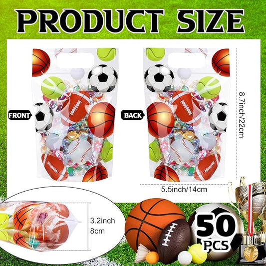 Blosssound 50 Pcs Sport Plastic Bags Clear Sportball Sealing Pouches with Handles Resealable Sport Party Zipper Bags for Sport Theme Birthday Party Candy Gift Wrap Supplies Decoration