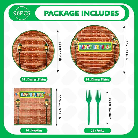 Grencian 96 Red Brick Wall Street Party Supplies Modern Cartoon Sesame Plates and Napkins Tableware Sets Sesame Birthday Disposable Plate for Kids Birthday Baby Shower Serves 24