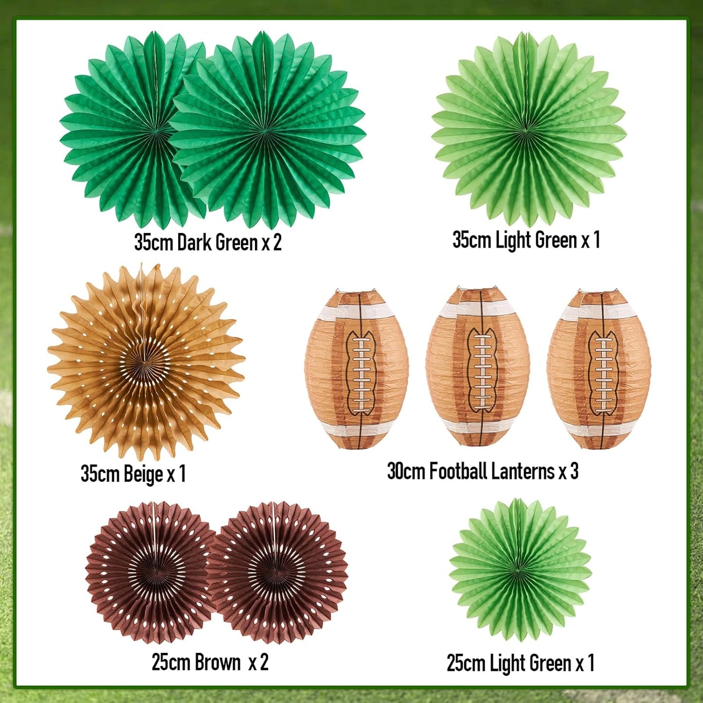 Football Party Decorations, Super Bowl Party Decorations, Football Paper Lanterns and Green Brown Hanging Paper Fans, for Boy's First Year Down Birthday Party Decorations