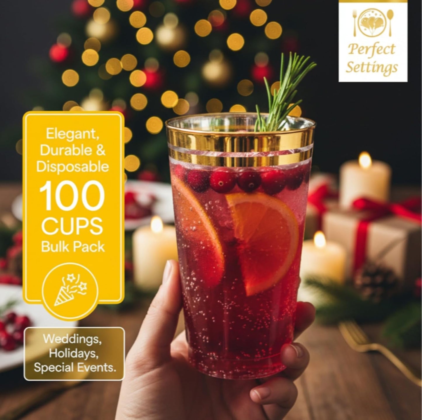 Perfect Settings Gold Rimmed Disposable Plastic Cups, Clear Hard Plastic Drinking Glasses for Cold Beverages & Cocktails, BPA-FREE, Disposable Wedding Cups, 16 oz. (Pack of 100)