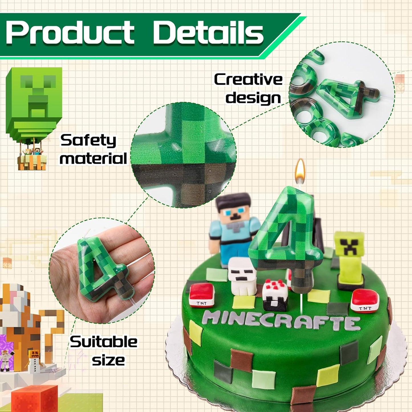 TNT Themed Birthday Cake Candle Number 4 Dynamite Themed Green Candle Cake Topper for Pixel Theme Birthday Party Decoration