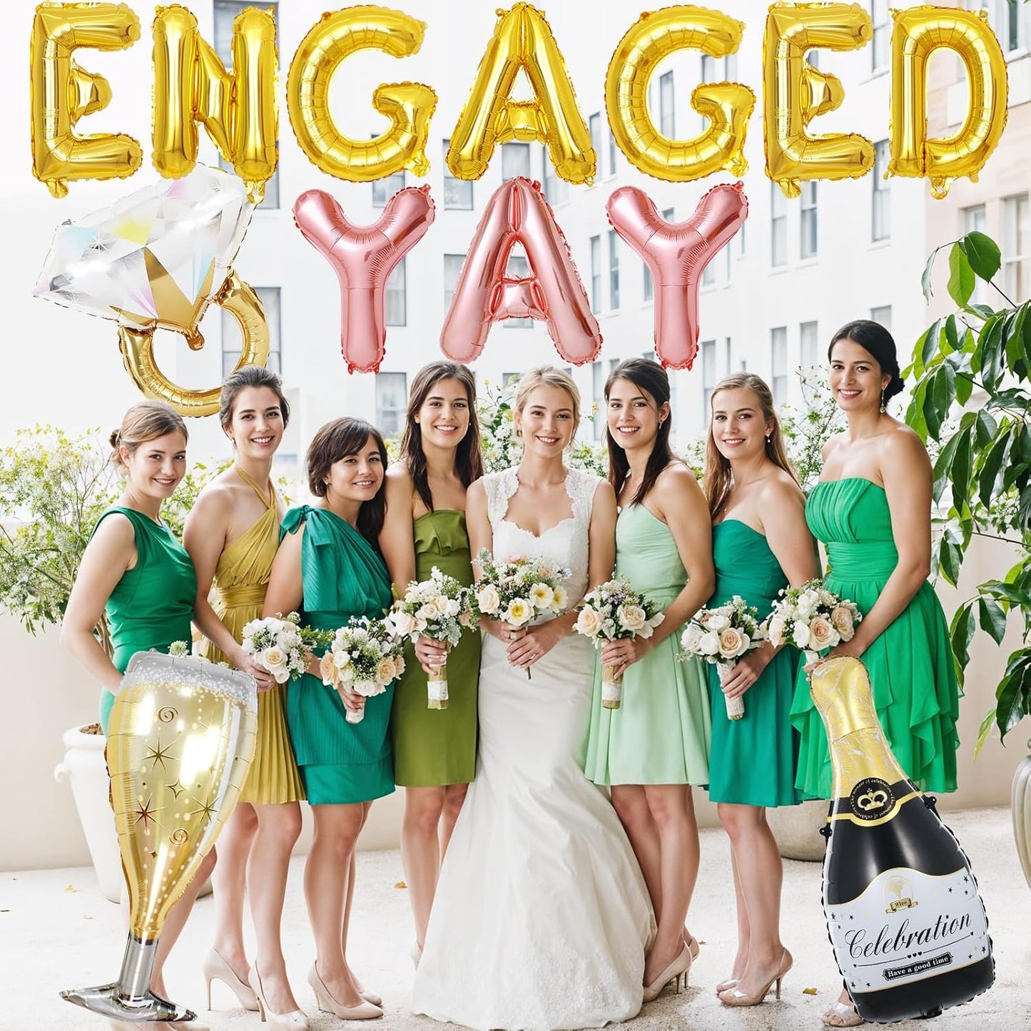 Gold Engagement Party Decorations, Engaged Yay Balloons Letters Banner, Diamond Ring Black Champagne Bottle Balloon Glass Foil Balloon for Bachelorette Engagement Wedding Bridal Shower Party Supplies