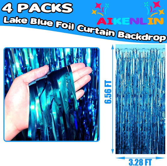 4 Pack 3.3Ft x 6.6Ft Lake Blue Foil Fringe Curtain Backdrop, Metallic Tinsel Foil Fringe Streamers Curtains Background for Photo Booth, Birthday, Wedding, Halloween, Christmas Party Decoration