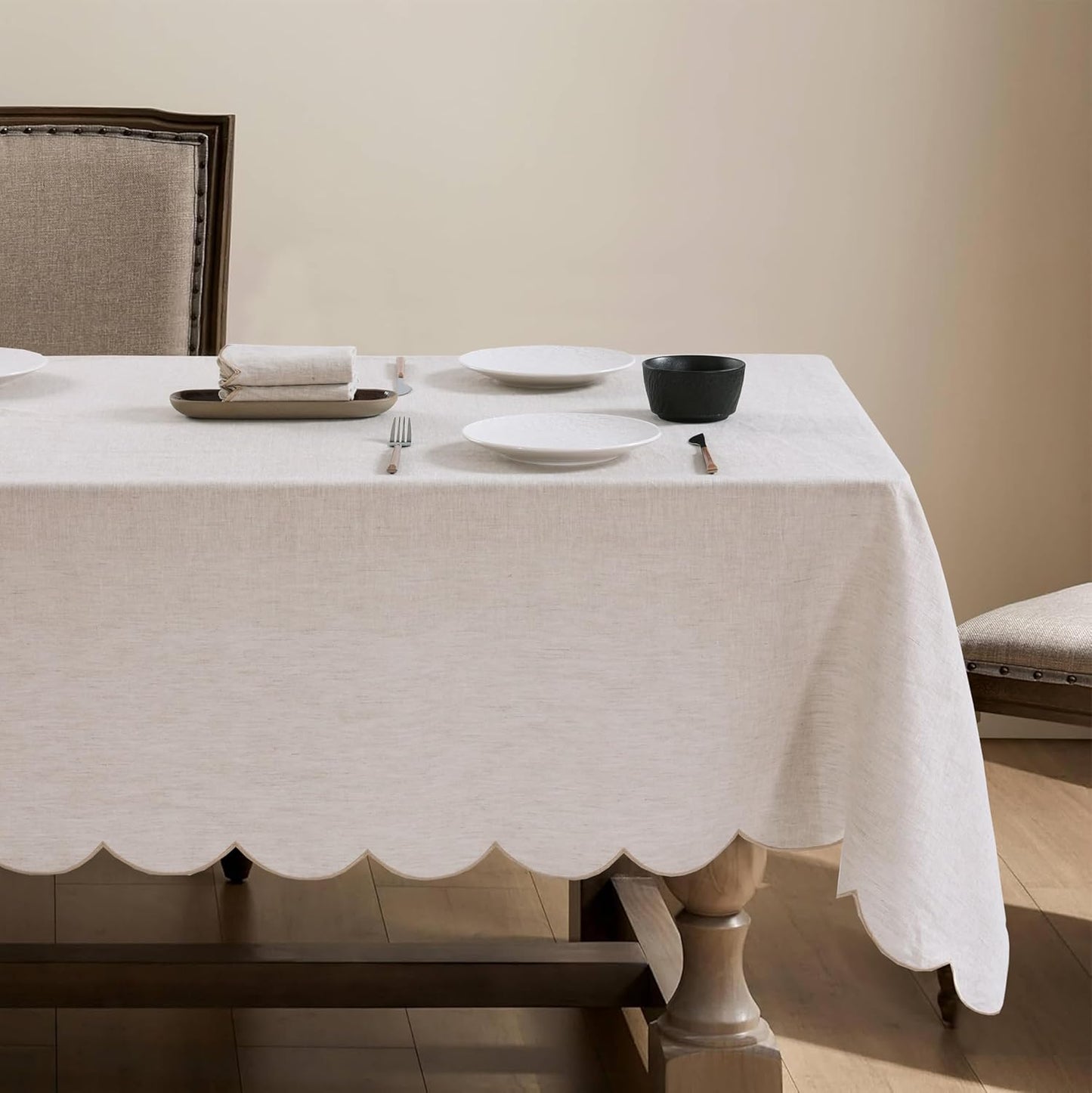 100% French Flax Linen Tablecloths Scalloped Embroidery Rectangle 84Lx60W Inch for Dinners, Parties, Spring, Easter, Machine Washable, 6-8 Sets, Linen(Edges-Gold)