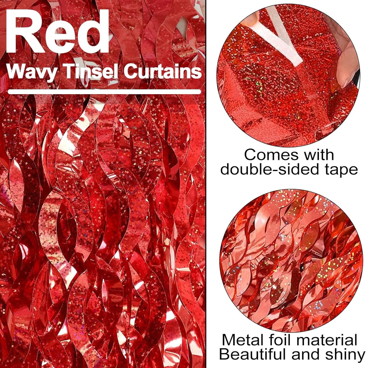 4 Pack Red Fringe Curtain Backdrop 3.2Ft x 8.2Ft Metallic Tinsel Foil Fringe Streamers Background for Photo Booth, Easter, Mother's Day, Bachelorette, Wedding, Birthday Party Decoration