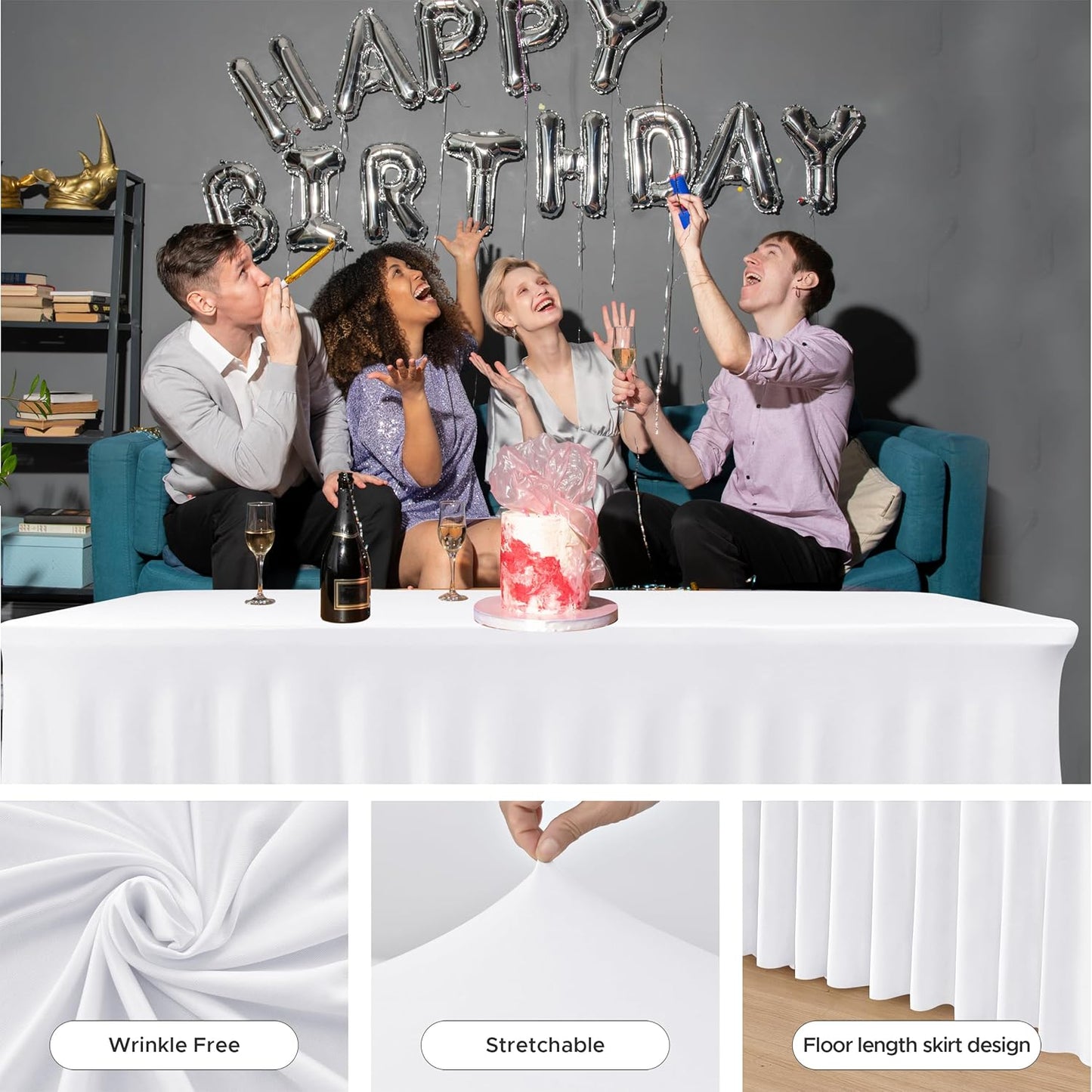 HolidayIdeas White 8ft Spandex Wedding Tablecloth Fitted Stretch Table Skirts 30x96 Inch, Wrinkle-Free Floor Length Polyester Table Cover for Birthday Parties Engagement, Banquets, Events,4 Pack