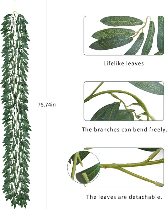 3 Strands Odorless Artificial Olive Leaf Vines, 73'' Silk Ivy Vine Garland with Green Leaves, Fake Hanging Plants Greenery Decor for Home, Bedroom, Wall, Party, Wedding Decoration.