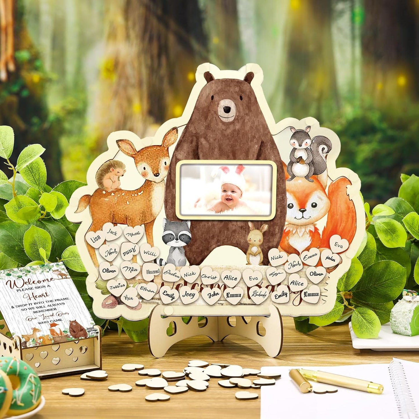 Wenqik 63 Pcs Woodland Animal Baby Shower Guest Book Alternatives Set Baby Shower Decorations with Photo Frame Sonogram Frame Keepsake 60 Wood Slices Guest Book for Birthday