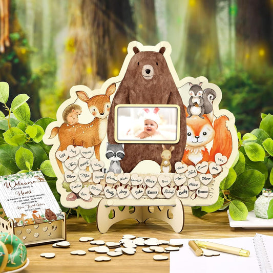 Wenqik 63 Pcs Woodland Animal Baby Shower Guest Book Alternatives Set Baby Shower Decorations with Photo Frame Sonogram Frame Keepsake 60 Wood Slices Guest Book for Birthday