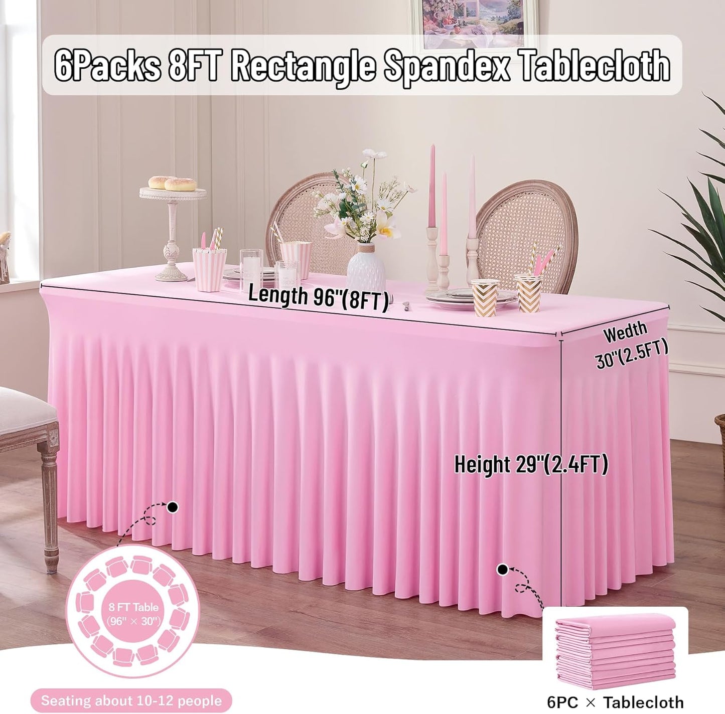 Outpain 8ft Spandex Table Cloth for Standard Folding Tables-6Pack Baby Pink Table Cloth Table Protector for Party, Wedding, Cocktail, Banquet, Festival