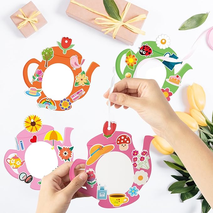 3sscha 40 Packs Tea Pot Shaped Craft Kit for Kids - Make Your Own Spring Flower Card DIY Picture Frame Self-Adhesive Sticker Handmade Artwork Decor Mother's Day Home Classroom Activity Party Favor