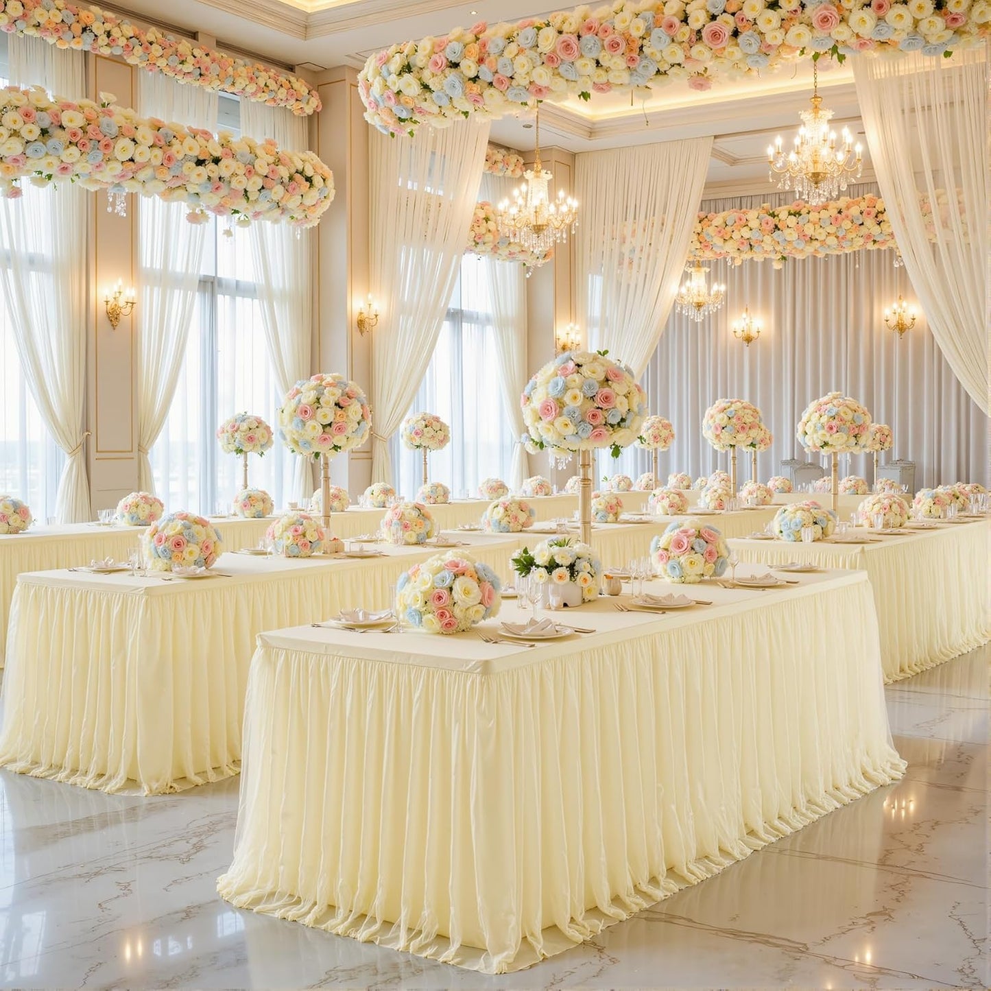 Suppromo Champagne Tulle Tablecloth for 4 Foot Rectangular Tables, 48 x 24 Inch White Rectangle Table Cloth, Wrinkle Free Table Cover with Tutu Skirt for Wedding Birthday Party Banquet Tablecover