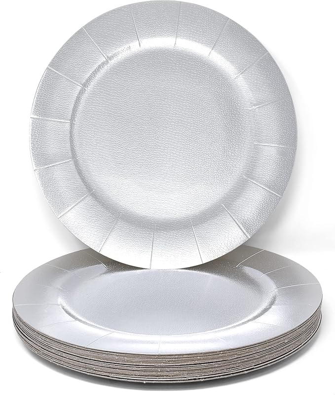 Gift Boutique 24 Pcs Silver Round Disposable Charger Plates 13" Heavy Duty Dinner Serving Tray Paper Cardboard Platters for Table Setting Place Mats