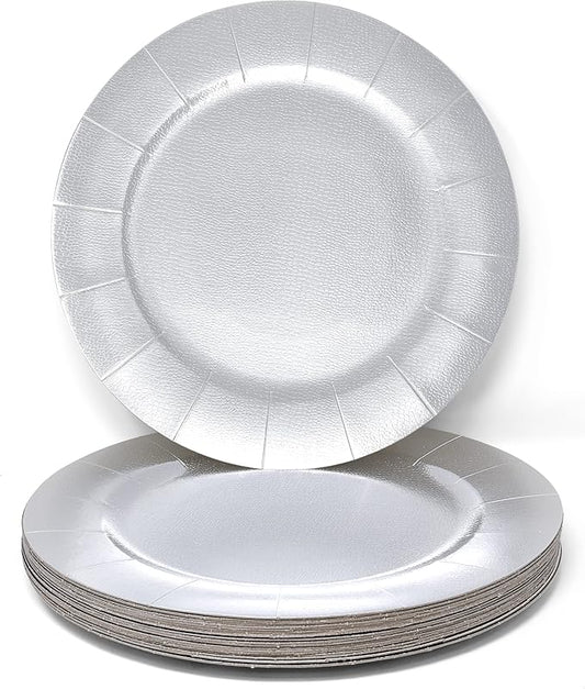 Gift Boutique 24 Pcs Silver Round Disposable Charger Plates 13" Heavy Duty Dinner Serving Tray Paper Cardboard Platters for Table Setting Place Mats