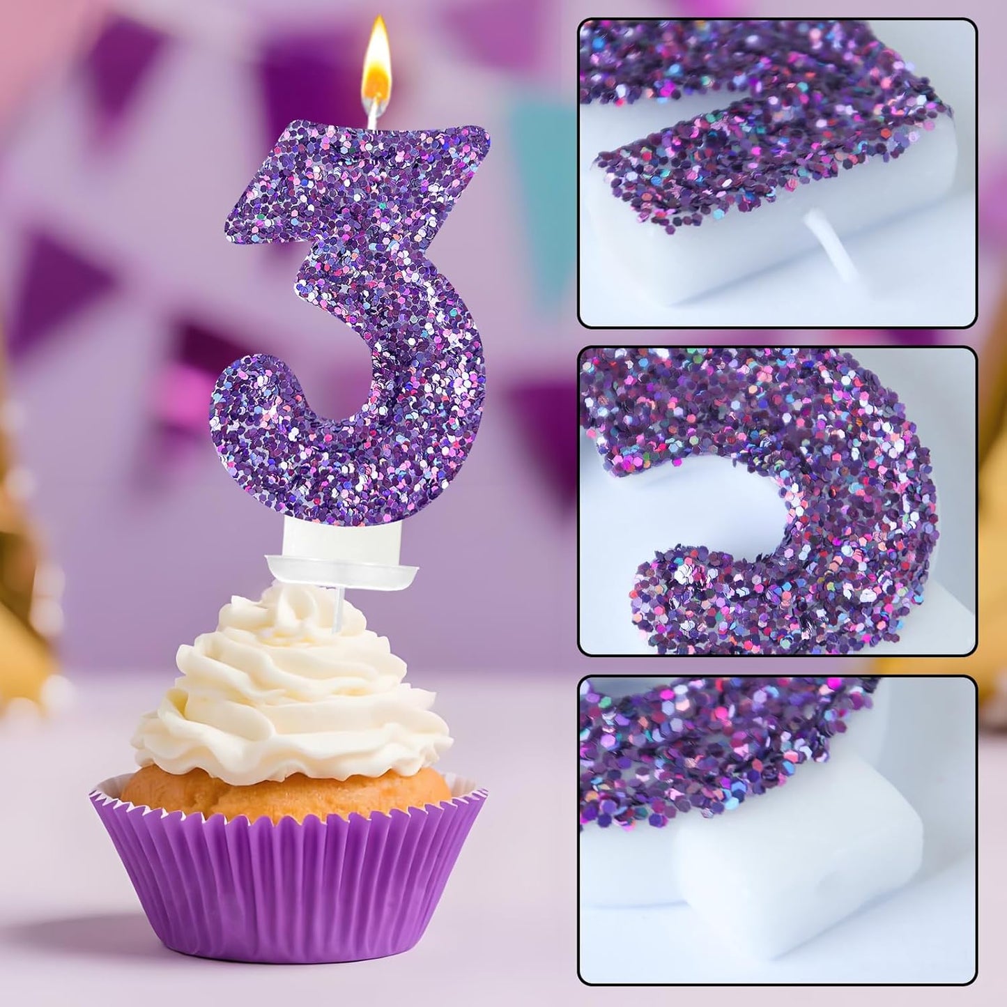 Birthday Number Candles, Glitter Number Candle Cake Decorations with Sequins, Cupcake Decorations for Girls, Women, Party Anniversary Celebrations (Number 3, Purple)