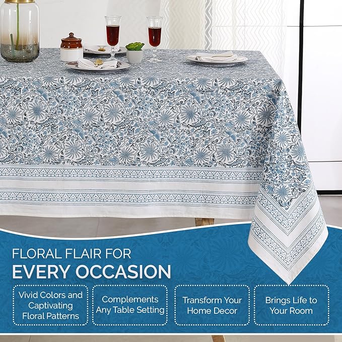 Labhanshi Indian Handblock Print Rectangular Cotton Floral 72x135 Inch 10-Seater Table Cloth|French Ethnic Spring Easter Festive Decor |Bridal Party Indoor & Outdoor Table Cover |Blue Butterfly