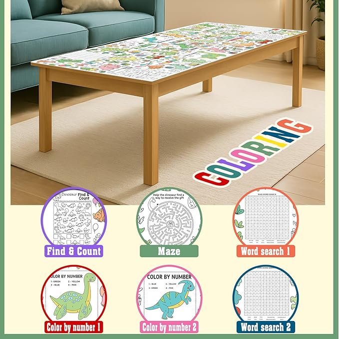 Dinosaur Coloring Tablecloth, Dinosaur Large Coloring Poster Tablecloth 30x72 Inch, Dino Party Themed Color-in Activities Games, Birthday Party Games for School Classroom Home Party