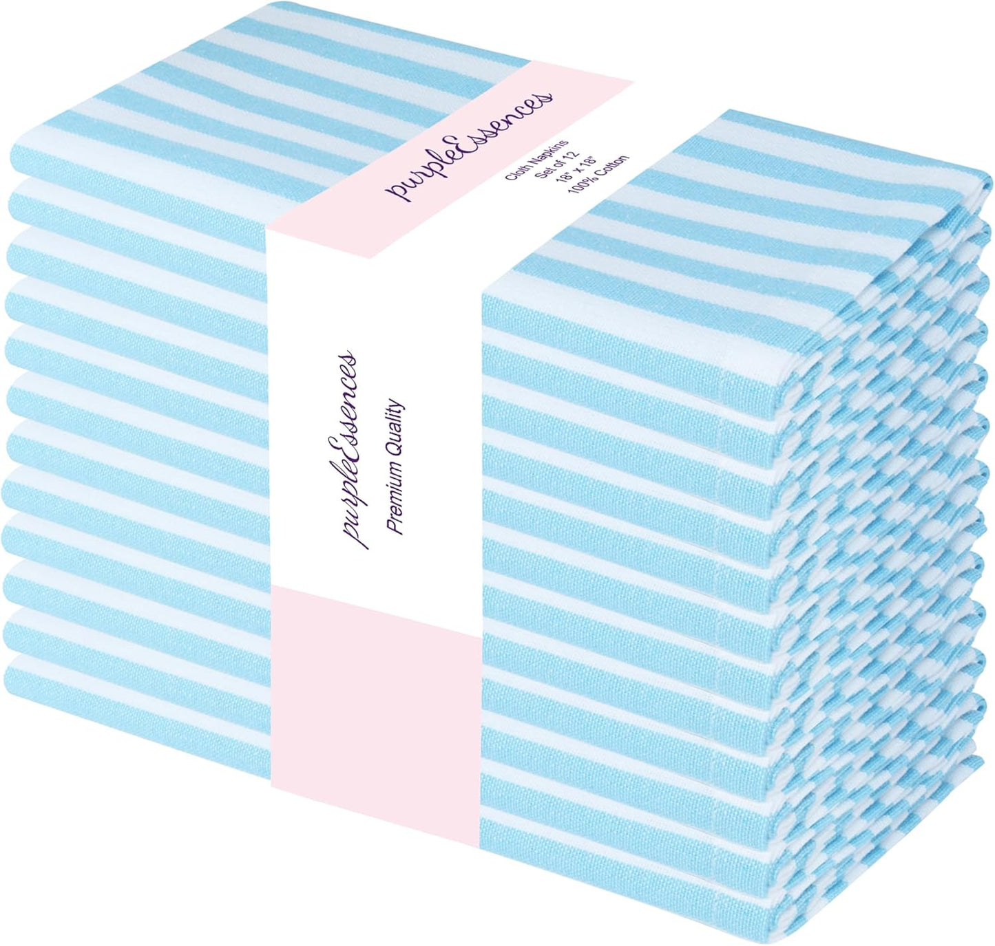 PurpleEssences Plain Striped Cloth Napkins - Set of 12-100% Cotton - 18 x 18 Inch - Fall Thanksgiving - Perfect Everyday Use Dinner Napkin - Aqua Blue White