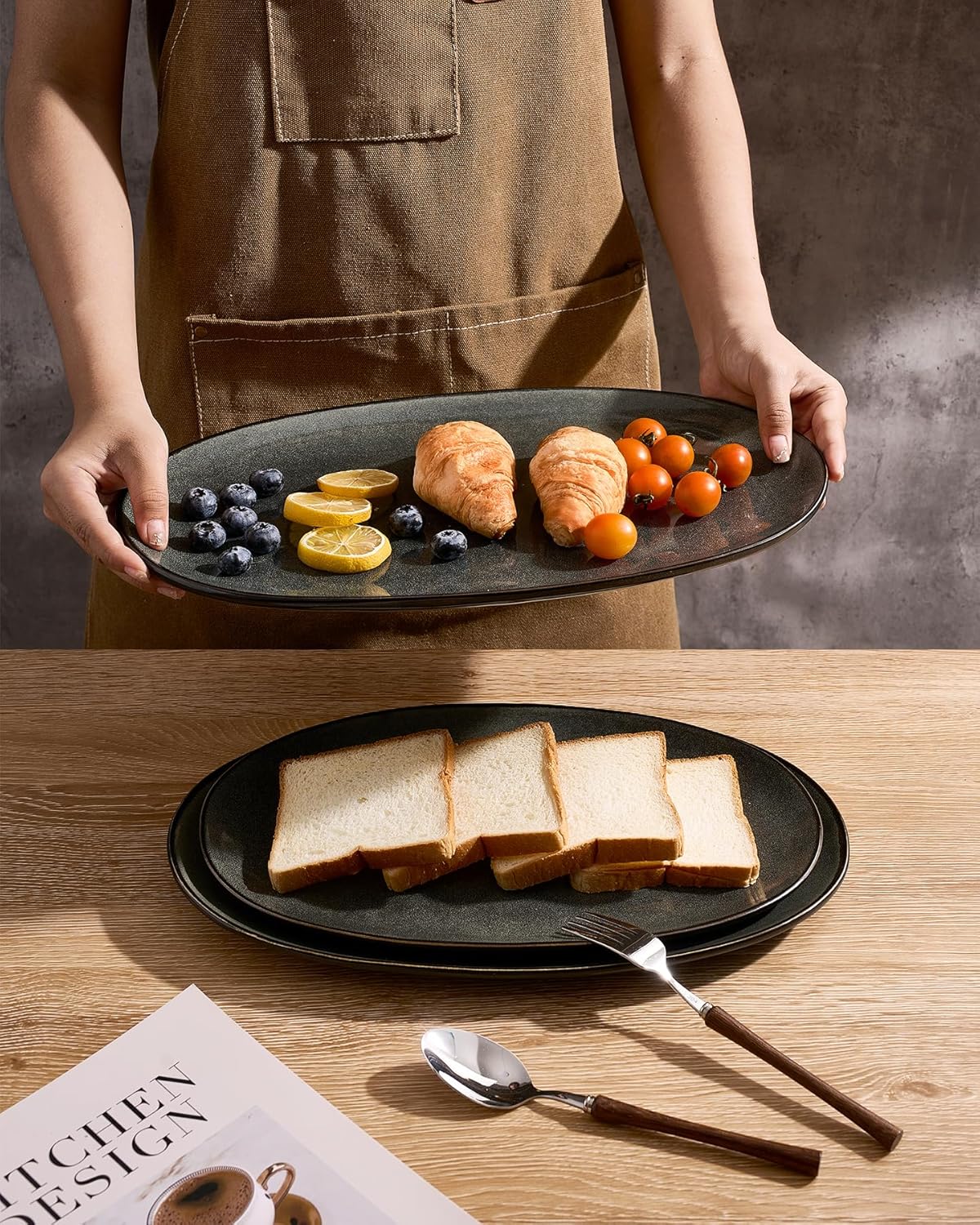 famiware Serving Platter, Oval 15.59/14.3/12.9 inch Serving Dishes for Entertaining, Serving Bowls, Dishwasher Safe, Fine Stonware Serving Trays for Party, Turkey, Cheese, Reactive Glaze, Deep Forest