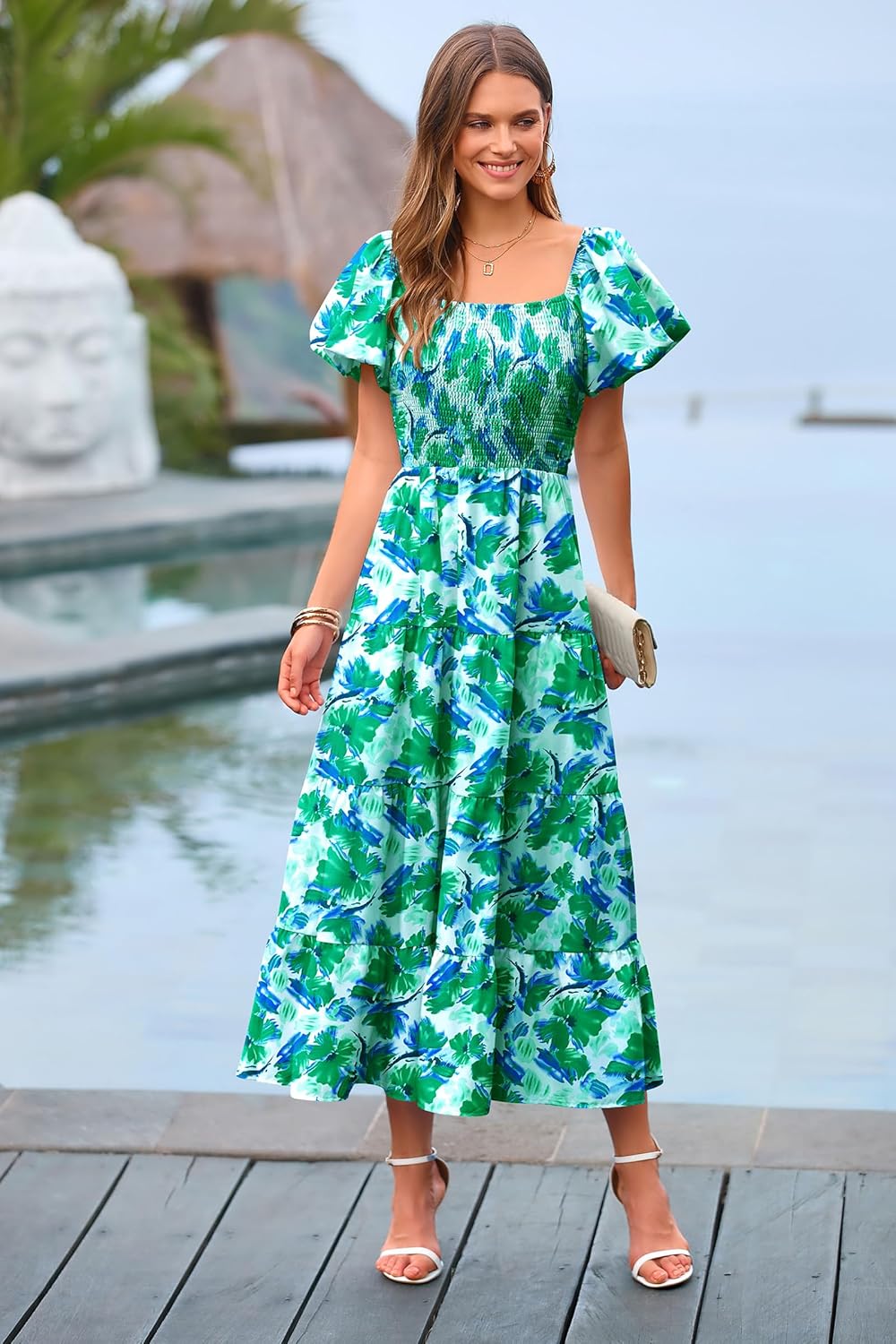 PRETTYGARDEN Women's Casual Summer Midi Dress Puffy Short Sleeve Square Neck Smocked Tiered Ruffle Dresses