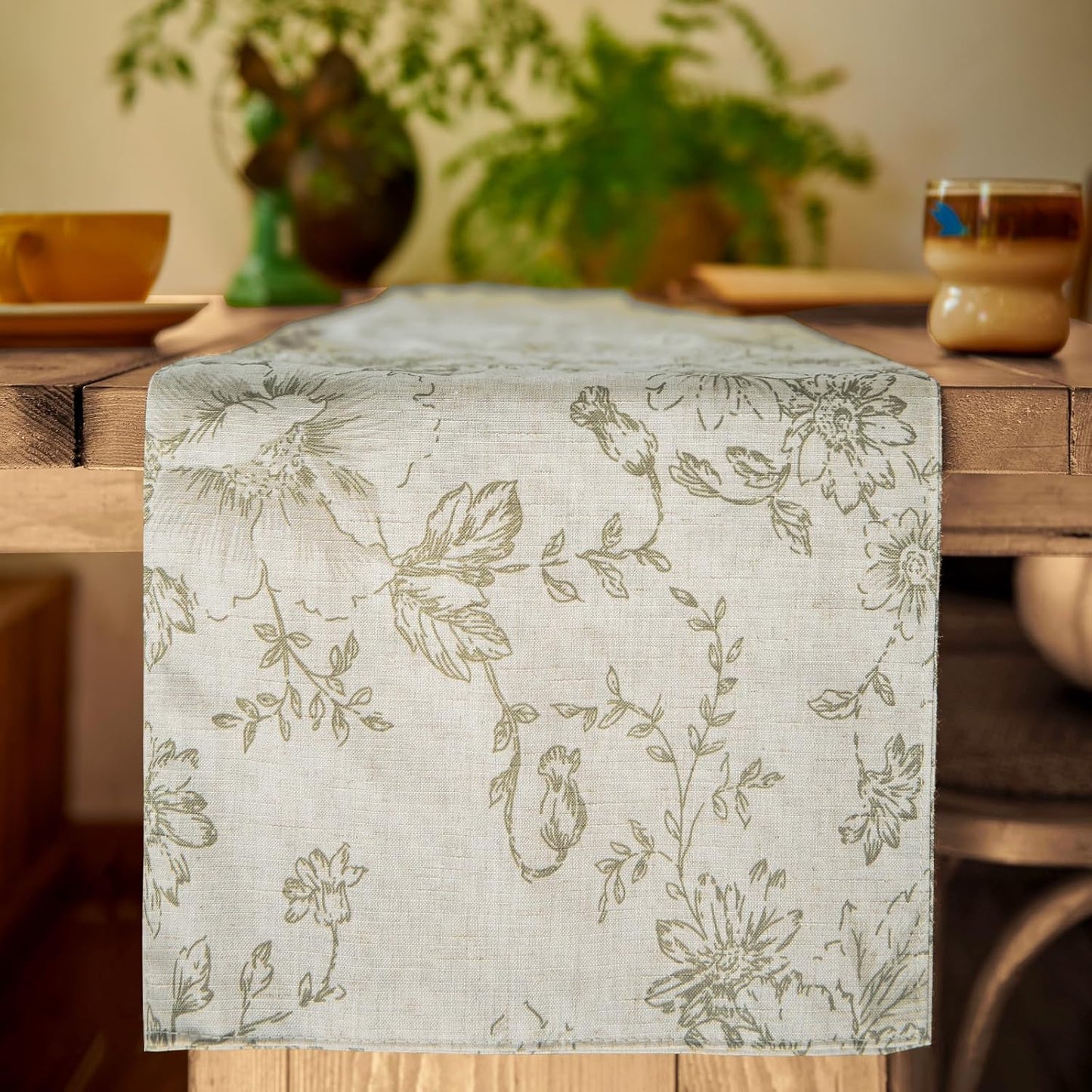 jinchan Floral Linen Table Runner for Kitchen Farmhouse Table Cloth with Sage Flower Print 13 x 108 Inch Beige Linen Blend Cloth for Kitchen Dining Table Indoor Outdoor Decor 1 Panel