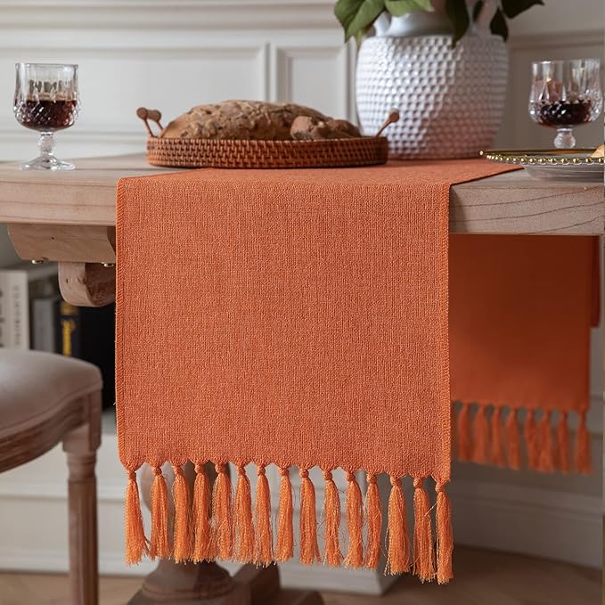 ZeeMart Burnt Orange Table Runners 48 Inches Long, Burlap Linen Style Rustic Farmhouse Fall Table Runner, Small Short Boho Coffee Table Runner, 13x48 Inches, Harvest Pumpkin