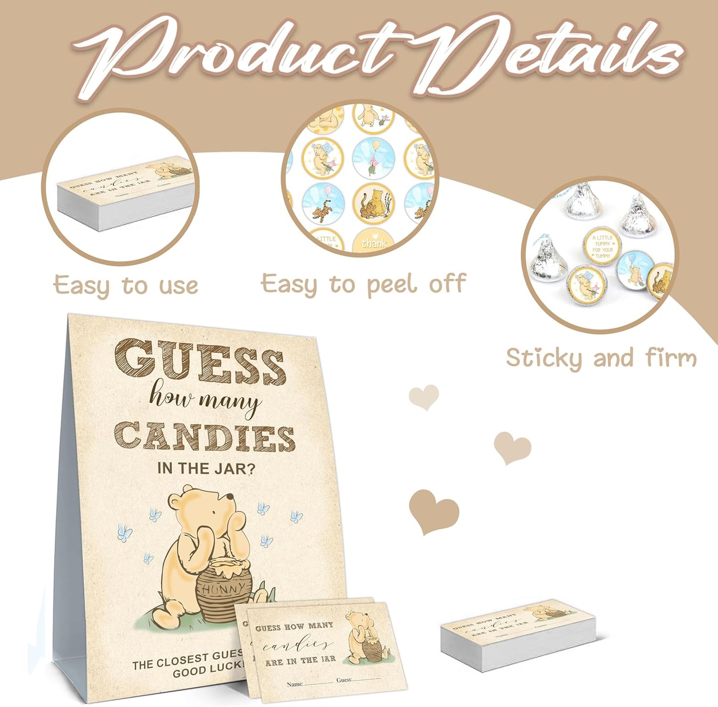 Winnie the Pooh Baby Shower Games - Guess How Many Candies Standing Sign, 50 Guessing Cards, 180 Stickers