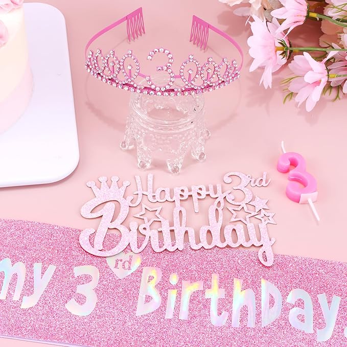 3rd Birthday Decorations for Girls - Pink Birthday Crown, Glitter Sash, Number 3 Candles and Cake Toppers for Girls 3 Year Old Party Supplies Outfit Gift