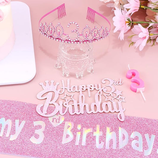 3rd Birthday Decorations for Girls - Pink Birthday Crown, Glitter Sash, Number 3 Candles and Cake Toppers for Girls 3 Year Old Party Supplies Outfit Gift