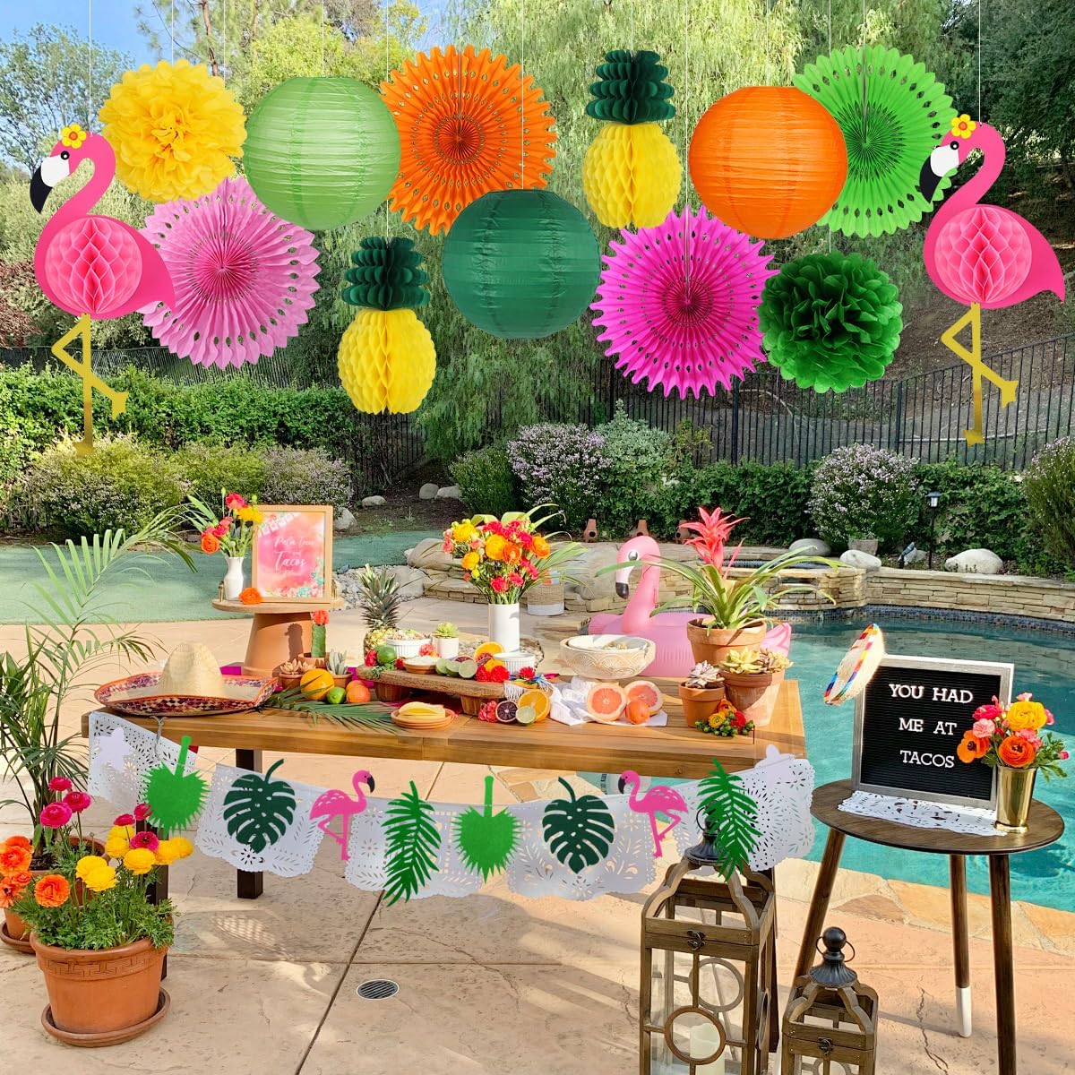 Yuxiou Flamingo Party Decorations Hawaiian Garland Flamingo and Pineapple Honeycomb Decorations Paper Lanterns Fans Pom poms Flowers for Birthday Luau Tropical Bachelorette Party