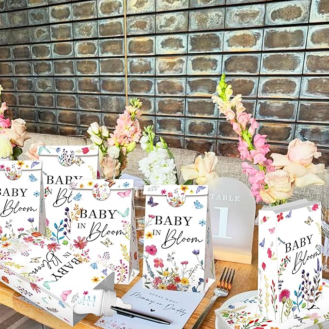 BACH AND BOUJEE 12 PCS Baby in Bloom Party Favors Gift Bags Floral Small Goodie Candy Bags with Stickers Wildflower Baby in Bloom Baby Shower Birthday Party Supplies