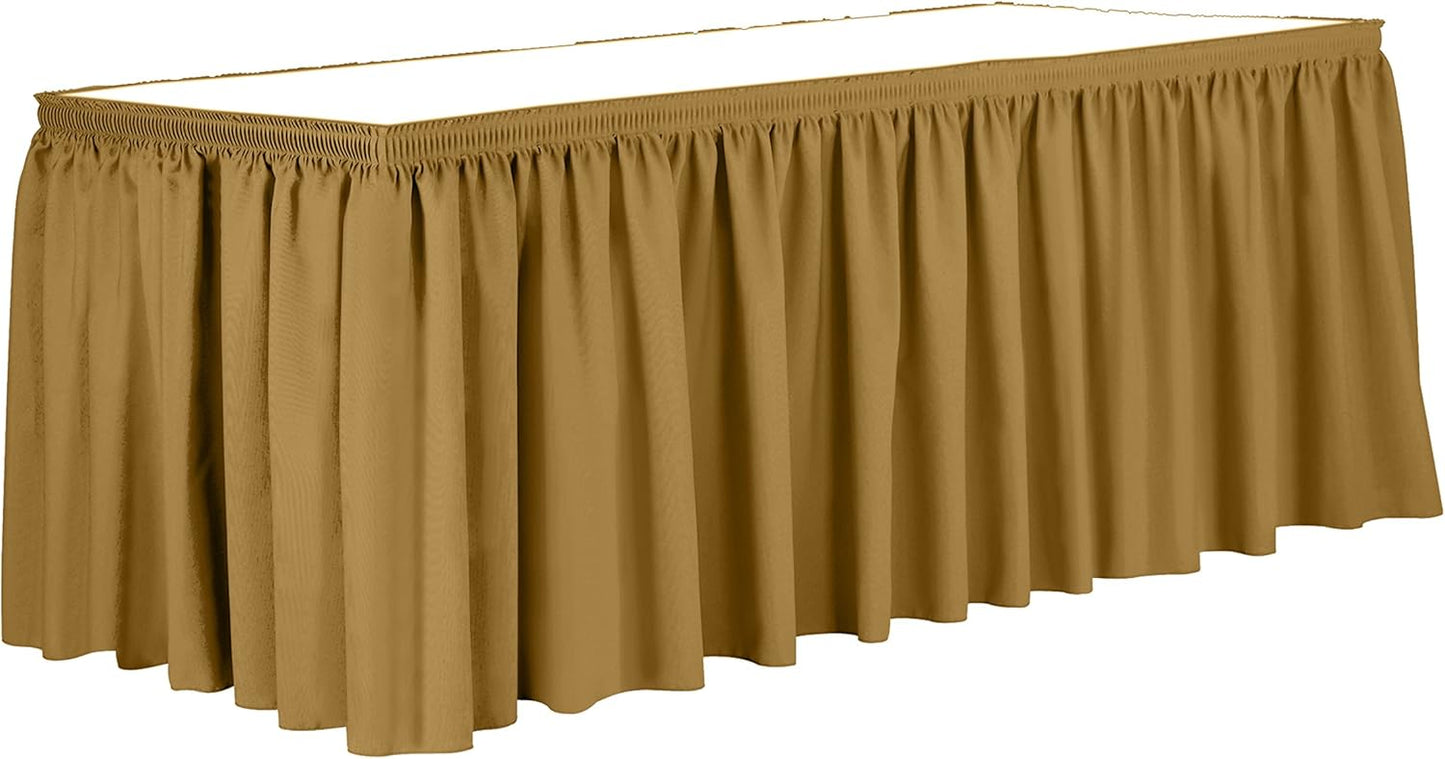 Ultimate Textile Pleat Polyester Fabric Table Skirt - Machine Washable, Flame Resistant, Cut & Sewn in NJ, Desk Skirt - Gold, 14' Shirred Pleat x 42" h