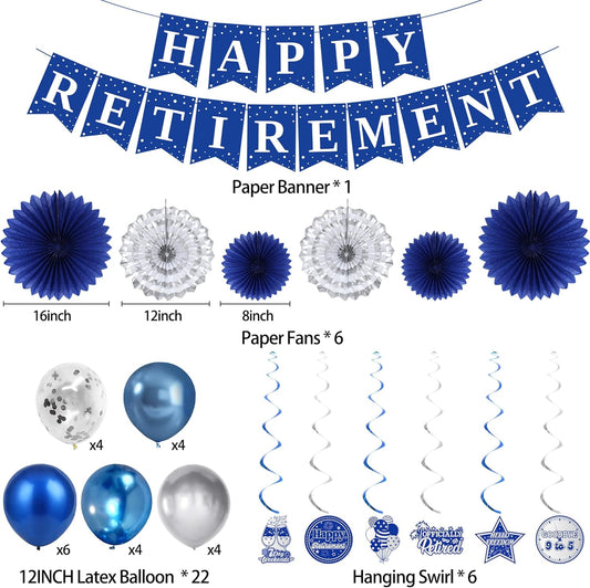 Holkcog Blue Retirement Party Decorations for Women, Silver Blue Happy Retired Banner Backdrop Paper Fan Hanging Swirls for Coworker, I'm Retired Cake Top & Honeycomb Set, Great for Retiring Women