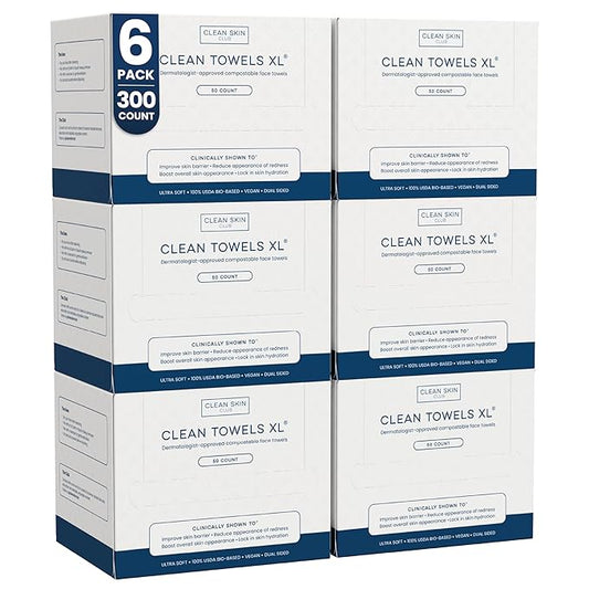 Clean Skin Club Clean Towels XL®, 100% USDA Biobased Face Towel, Disposable Face Towelette, Eczema Association Accepted, Makeup Remover Dry Wipes, Ultra Soft, 50 ct per pack, 6 Packs, 300 Ct Total