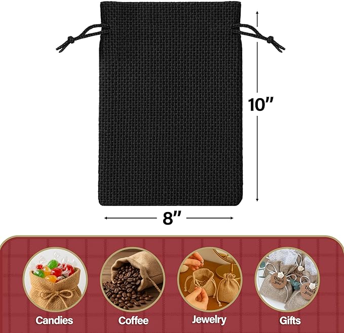Mandala Crafts 8X10 Inch Black Burlap Drawstring Gift Bags for Favors - 20 Large Linen Sacks Gift Pouches for Candy, Coffee, Jewelry, Wedding, and Party Supplies