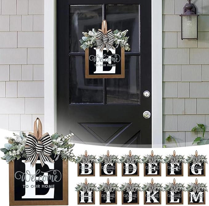 Last Name Year Round Front Door Wreath Front Porch Decoration 26 Letter Welcome Sign with Eucalyptus Garland and Bow Spring Wreaths for Front Door Outside Hanger Garland（E）