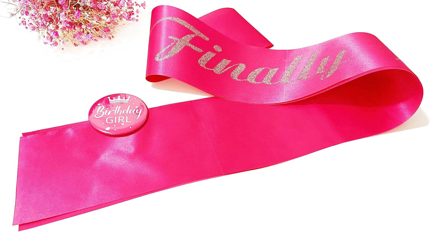 21st Birthday Sash, Hot Pink Satin Soft Sashes with Silver Glitter Letter, Birthday Decorations for Girls, Happy 21st Birthday Party Favor Supplies,hot Pink