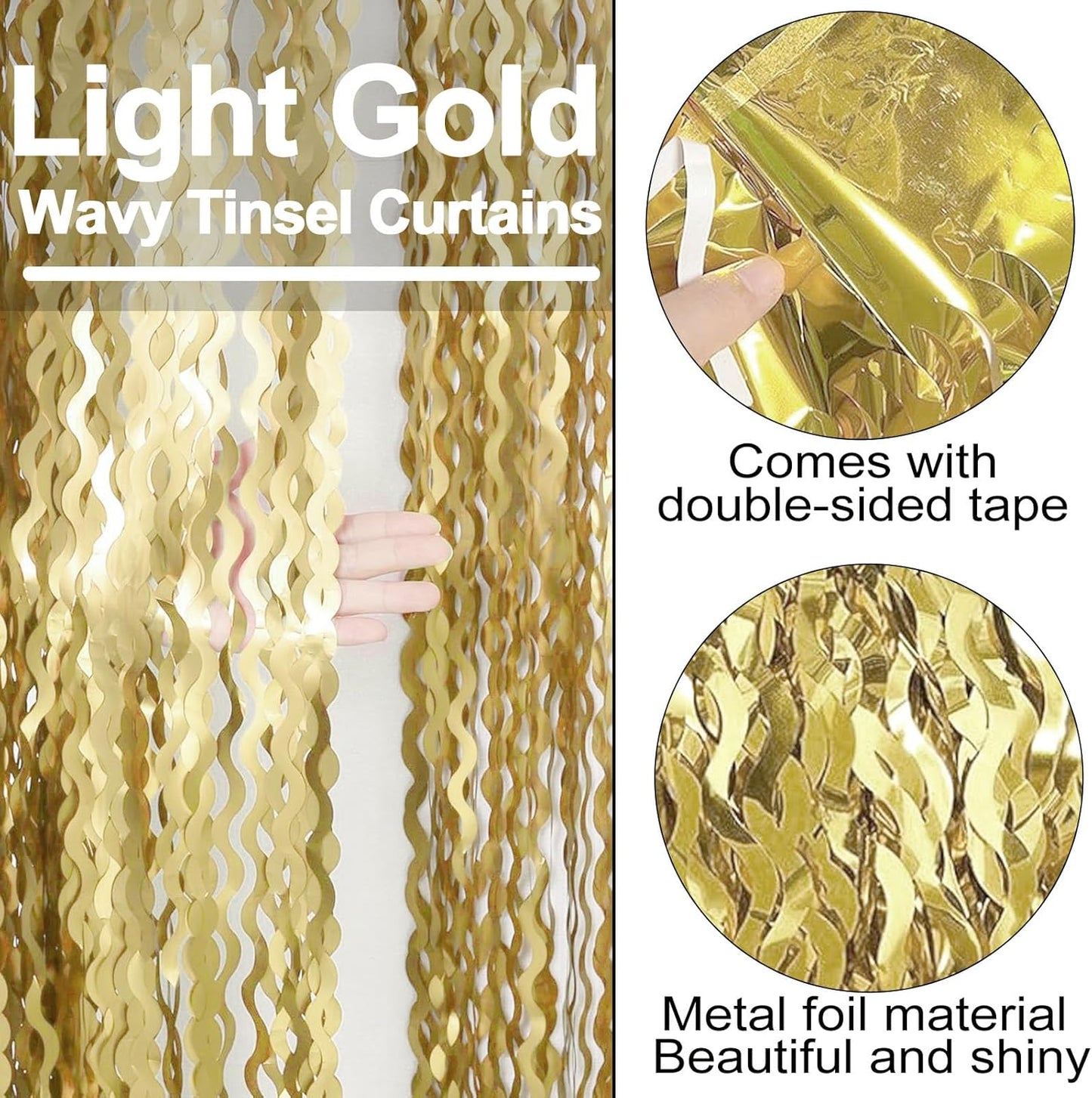 4 Pack Light Gold Fringe Curtain Backdrop 3.2Ft x 8.2Ft Metallic Tinsel Foil Fringe Streamers Background for Photo Booth Mother's Day, Easter, Carnival, Birthday, Wedding Party Decoration