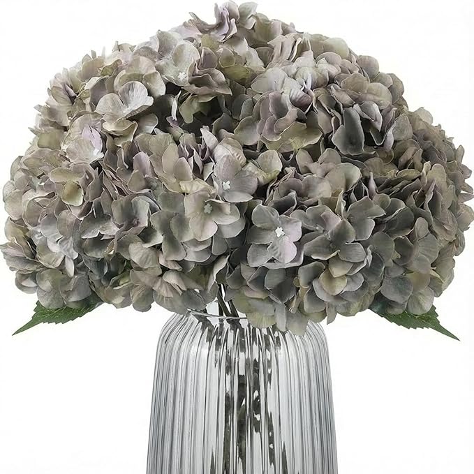 2Bouquets Artificial Fake Flowers Plants Silk Hydrangea Arrangements Wedding Bouquets Decorations Plastic Floral Home Kitchen Garden Party Festival Bar DIY (Gray Green,5 Flower Heads)