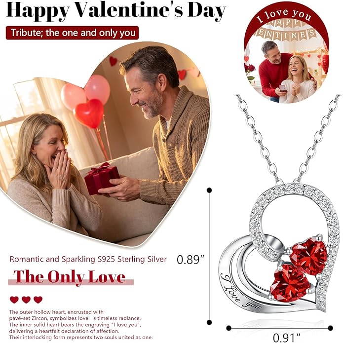 Double Birthstone Heart Necklace 0.8CT Dual-Gemstone S925 Sterling Silver Plated White Gold Engraved I Love You Perfect Anniversary/Valentine's Day Gift for Wife/Girlfriend/Mom/Daughter